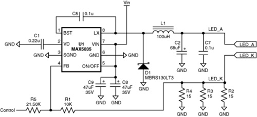 ͨڿƵѹ(0V3.9V)MAX5035 LEDܹLED_ALED_K˲350mA0mA