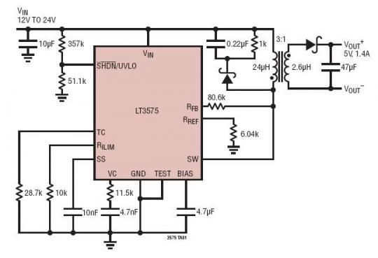 12V~24Vin 至 5Vout/1.4A No Opto 隔离型反激式控制器