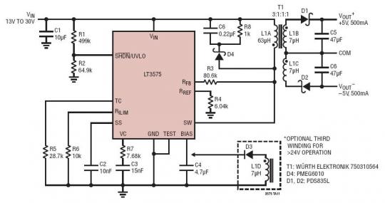 13V~30Vin 至 ±5V/500mA 输出 No Opto 隔离型反激式控制器