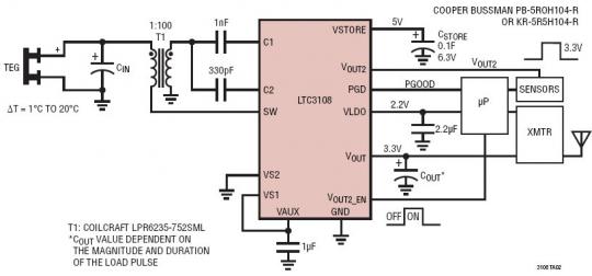适合无线远程传感器应用的 2.2V / 3.3V / 3.3V 帕尔帖元件 (Peltier) 供电型 (TEG) 能量收集器