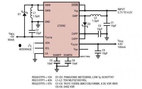 2.7V~4.2V 至 -5V/90mA 和 4.6V/100mA AMOLED 电源
