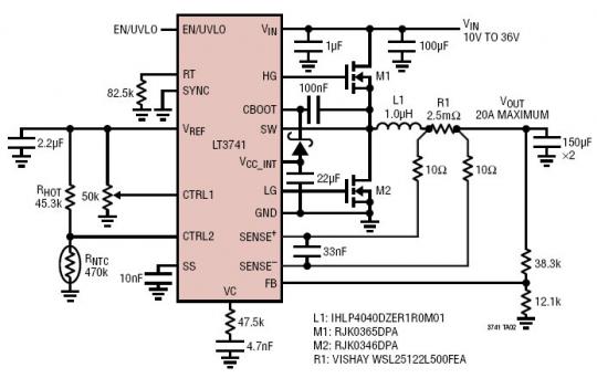 可从 10V 至 36V 输入提供 5V 稳定输出的 20A 超级电容充电器