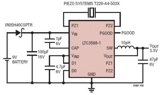 具 9V 后备电池的 3.3V 压电式能量收集器