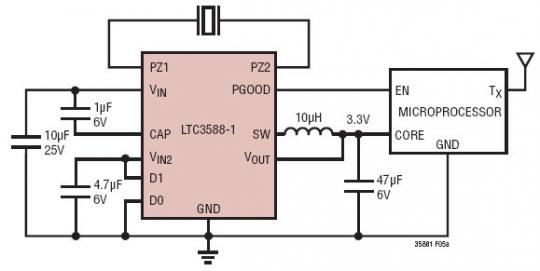 3.3V 压电式能量收集器给一个带无线发送器的微处理器供电并具有 50mA 负载阶跃响应特性