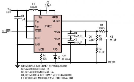 具快速电流监视器响应的 3.3V 至 70V 低噪声 APD 偏置电源