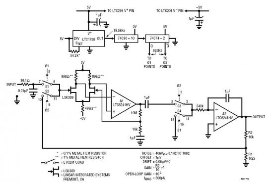 40nVp-p 噪声、0.05uV/°C 漂移、斩波 FET 放大器