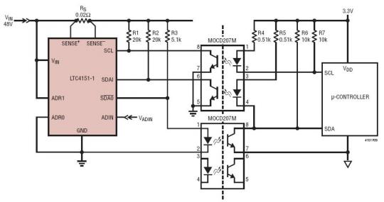具光隔离串行接口的 48V 电源监视器