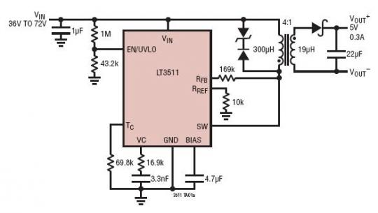 36V~72V 输入至 5V/0.3A 输出 No Opto 隔离型反激式转换器