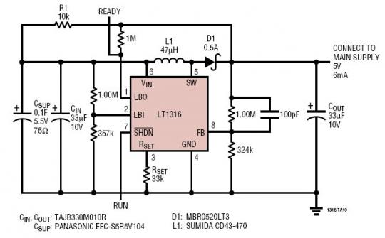 可提供 5V/6mA 输出并持续 9.6s 的超级电容器后备电源