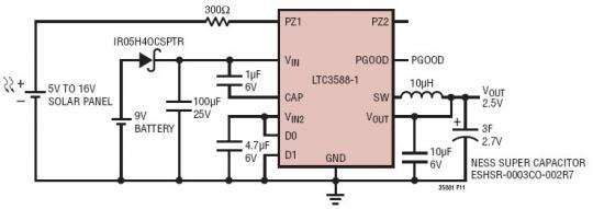 采用超级电容器以增加输出能量存储并提供后备电池的 5V 至 16V 太阳能供电型 2.5V 电源