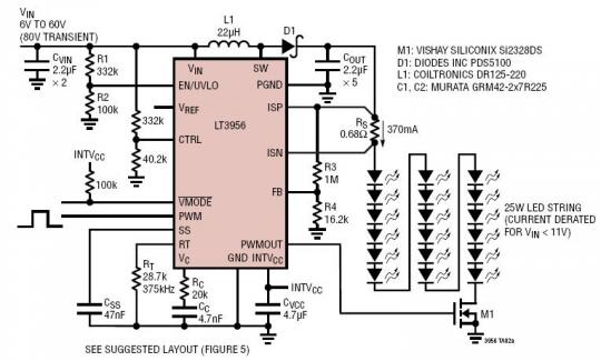 效率达 94% 的 25W 白光 LED 车前灯驱动器
