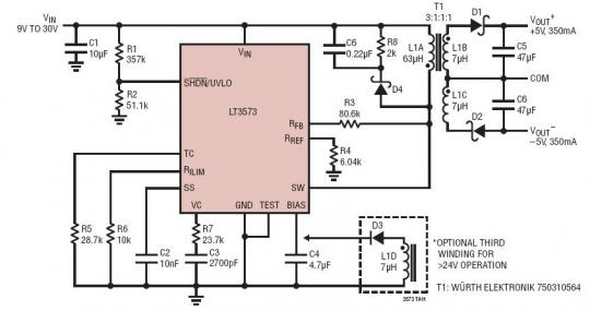 9V~30Vin 至 ±5Vout/350mA No Opto 隔离型反激式控制器