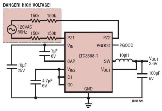 AC 线路供电的 3.6V 降压型稳压器具有大的输出电容器以支持重负载