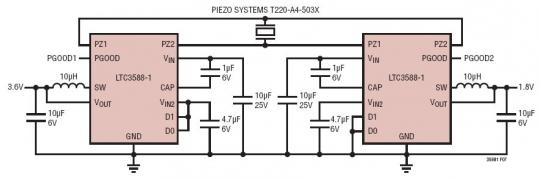Dual (3.6V/1.8V) Rail Power Supply with Single Piezo and Automatic Supply Sequencing