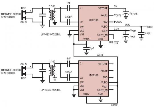 Dual TEG Energy Harvester (3.3V/2.2V) Operates from Temperature Differentials of Either Polarity