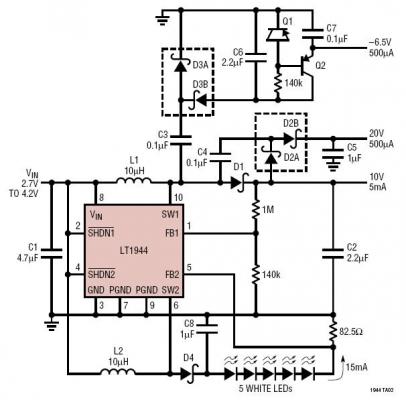 Four Output (-6.5V@500uA, 20V@500uA, 10V@2mA, 5 LED) Supply For Color LCD Displays