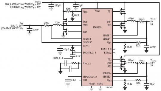 高效率、宽输入 (“冷车发动”) 范围双通道 5V/8.5V 转换器