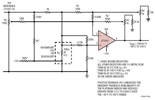 Kelvin-Sensed Temperature Sensor Amplifier for –50°C to 150°C Platinum RTD from 10V Refrence