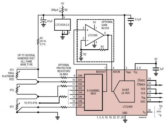 Measuring Seven RTD Temperatures with One Reference Resistor and One Reference Current