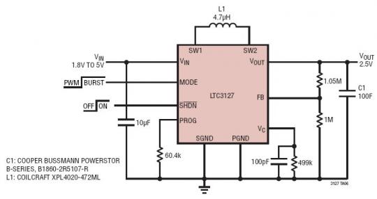 Single Supercapacitor Charger from 1.8V to 5.5V Input to 5V Output (1000mA Max Input Current)