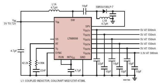 采用 3V 至 72V 输入的 6 路输出 DC/DC μModule 稳压器