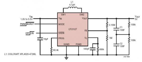 Stacked Supercapacitor Charger from 1.8V to 5.5V Input to 5V Output (1000mA Max Input Current) 