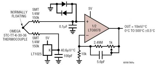 Type K Thermocouple Signal Conditioner with ±190V Protection from Accidental Contact and Cold Junction Compensation