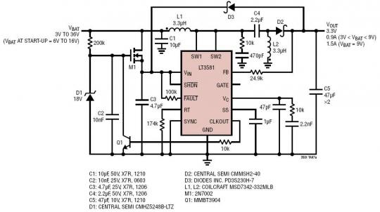 宽输入范围、3.3V SEPIC 转换器能在 3V 至 36V 的电压范围内运作 (“冷车发动”)